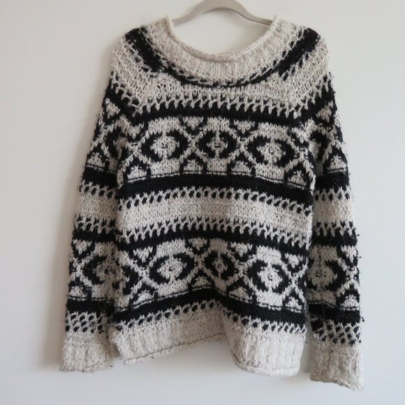 FREE PEOPLE Silver Reed Fair Isle Black White Crochet Wool Boho Sweater Sz XS - Picture 11 of 15